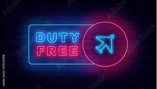 Duty free neon signboard. Geometric frame with plane. Light advertising on brick wall. Vector stock illustration