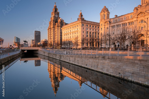 Evening light illuminates the Liver Building, the Cunard Building and Port of Liverpool Building (The Three Graces), Pier Head, Liverpool Waterfront, Liverpool, Merseyside photo
