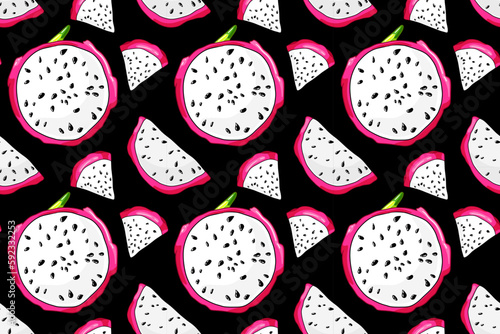 Pitaya slices seamless pattern. Fresh dragon fruit pieces. Organic wallpaper ingridient. Sweet exotic pitahaya on black background
