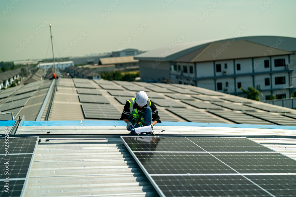 Team electrician installing solar panels working on alternative energy sources clean. Team electrician installing solar panels working on alternative energy sources clean.