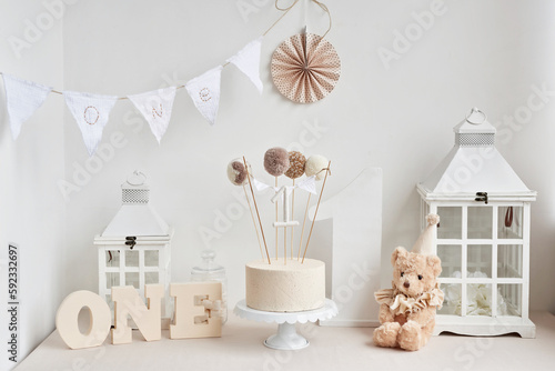 Happy birthday party background. Birthday decor and cake. One year celebration