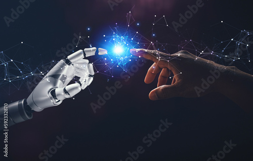 White cyborg finger about to touch human finger, Robot, Ai, Artificial Intelligence, Futuristic technology transformation.