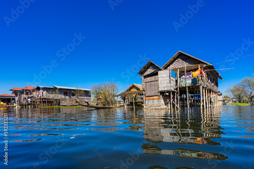 Stilt houses in village on Lake Inle, Shan State, Myanmar photo