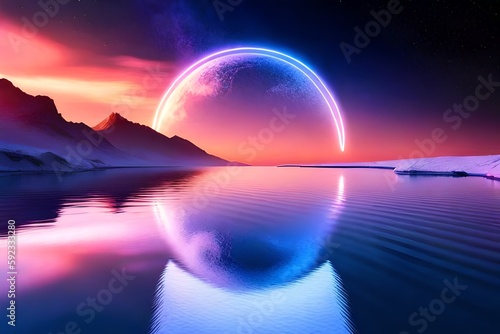 3d render, abstract neon background with glowing laser ring, crystals under the starry night sky and reflection in the water. Fantasy cosmic landscape © DESIGN