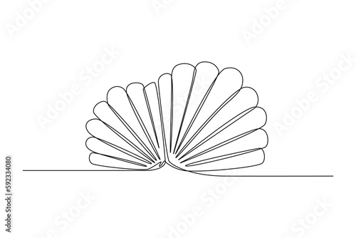 Continuous one line drawing shell. Summer beach concept. Single line draw design vector graphic illustration.