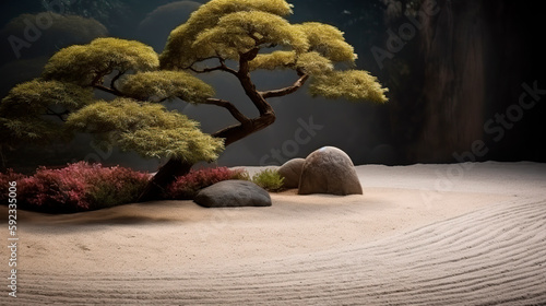 Idyllic Zen garden background.   urly trees  sand  stones.