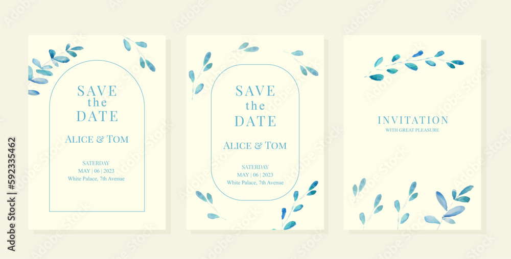 Wedding pemplates with blue watercolor leaves