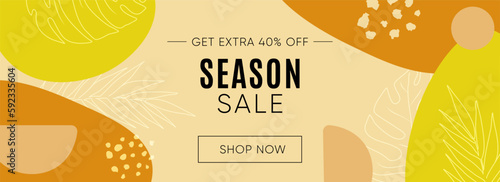 Season sale templates. Modern abstract style with shapes and tropical leaves. Bohemian