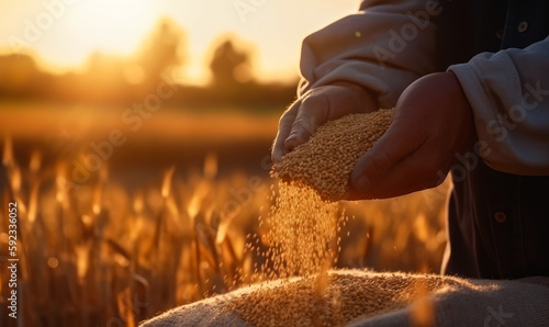 Photo Farmer's hand pouring the dry grain of wheat into the full sack