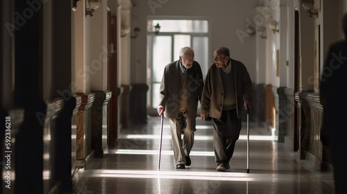 Elderly person using a walking aid with a relative or caregiver in a hospital hallway, AI generative photorealistic illustration