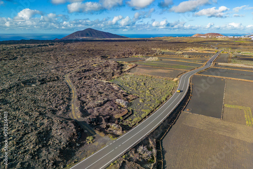 Aerial view of road through volcanic landscape, Timanfaya National Park, Lanzarote, Las Palmas photo
