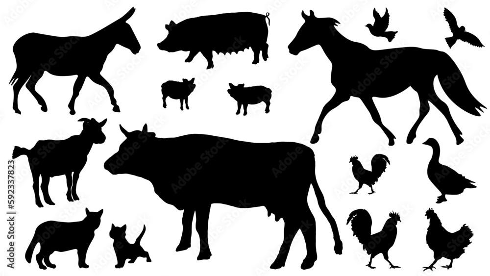 Farm animal vector illustration symbol icon set collection - Black silhouette of animals, isolated on white background