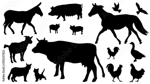 Farm animal vector illustration symbol icon set collection - Black silhouette of animals, isolated on white background