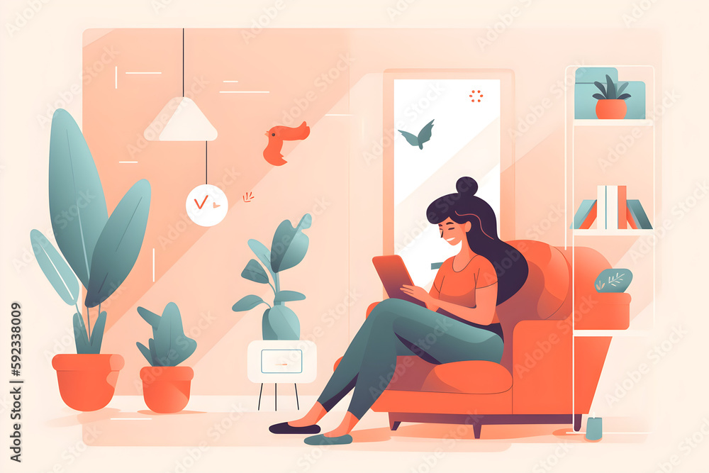 Fototapeta premium Flat vector illustration Smartphone in hand, woman with social media and communication typing online scroll chat at home. Woman relaxing in living room, technology and...