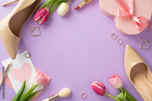 Elegant Mother's day concept. Top view of high-heels, handbag, present box, tulips, lipstick, makeup brush, earrings on pastel violet background with empty space