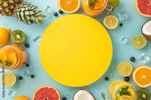 Fototapeta Naklejka Na Ścianę i Meble -  Indulge in some refreshing summer sips with this stunning top view flat lay photo of colorful citrus juices in glass jars, pineapple coconut on a blue background with blank circle for advertising