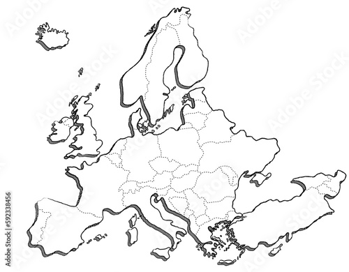 Vector hand drawn map of Europe with country borders. Europe black and white illustrated map. Full vector global color swatch different layer for ease of use