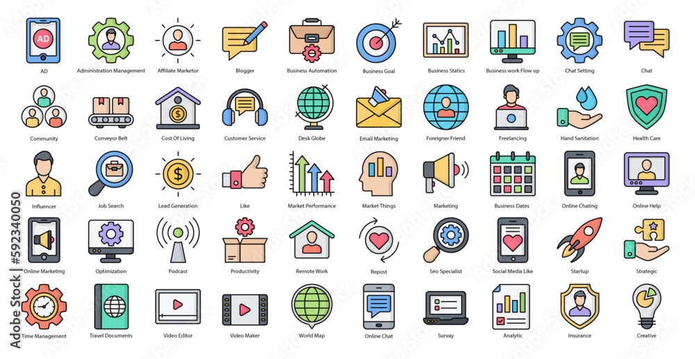 Fototapeta premium Digital Nomad Color Line Icons Freelancer Freelancing Icon Set in Filled Outline Style 50 Vector Icons