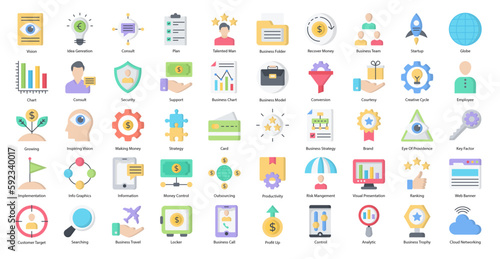 Business Strategy Flat Icons Productivity Management Icon Set in Color Style 50 Vector Icons