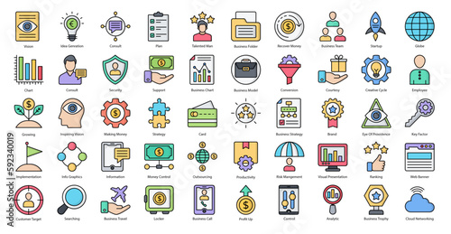 Business Strategy Color Line Icons Productivity Management Icon Set in Filled Outline Style 50 Vector Icons