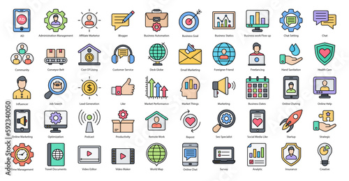 Digital Nomad Color Line Icons Freelancer Freelancing Icon Set in Filled Outline Style 50 Vector Icons