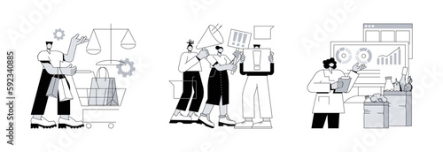 Buyer interests and habits abstract concept vector illustration set. Consumer law and rights protection, household consumption of food and beverages, goods and services, compliance abstract metaphor.