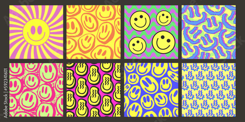 Cool Smile Pattern Vector Design. Trendy Groovy Background. Y2K Funny Texture.