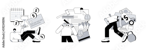 Financial responsibility abstract concept vector illustration set. Installment tax payments, pay penalties, debt burden, student loan forbearance, monthly credit payment, deadline abstract metaphor.