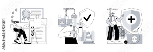 Working environment abstract concept vector illustration set. Quality work, workplace safety, occupational health, employee performance, workplace assessment, injury prevention abstract metaphor.