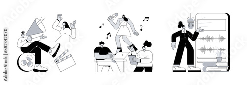 Modelling agency abstract concept vector illustration set. Casting call, role audition, voice and speech training, talent search, acting skills, speech coach, vocal exercise abstract metaphor.
