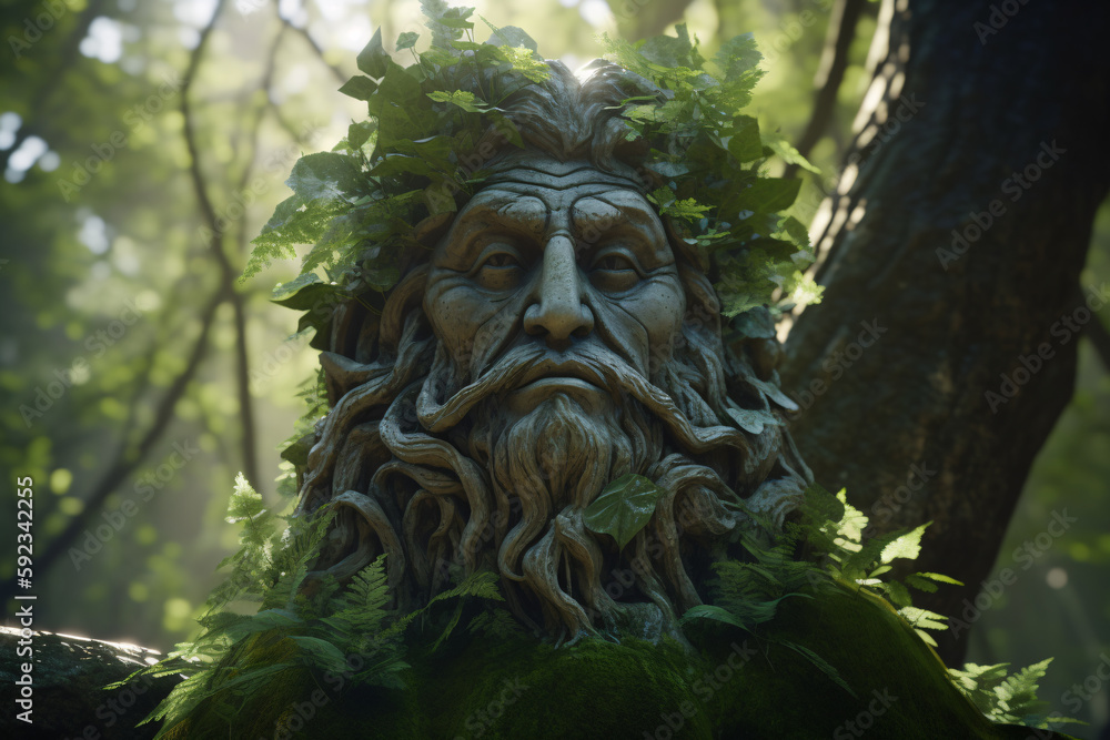 a close up of a statue of a man in a forest