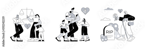 Marital status abstract concept vector illustration set. Separated person, single parent, widowed person, child custody, legal separation, husband and wife, broken heart abstract metaphor.