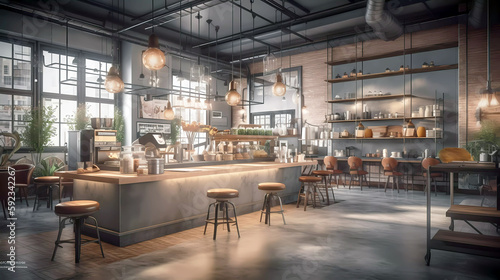 Cozy cafe interior with bar top and tables. Empty coffee shop with industrial stylings at an angled view. 