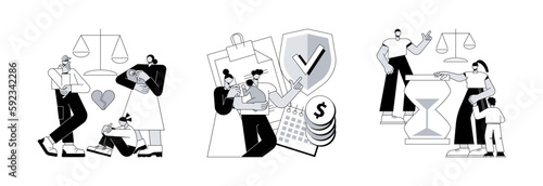 Family breakdown abstract concept vector illustration set. Divorce and separation, parental allowance, challenges for divorced dads, husband and wife conflict, single mom, alimony abstract metaphor.