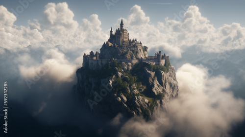 a castle on top of a mountain surrounded by clouds