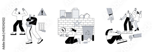 Social problems abstract concept vector illustration set. Social behaviour, street children, marginalization, youth abuse, gang fighting, domestic violence, school bullying, outcast abstract metaphor.