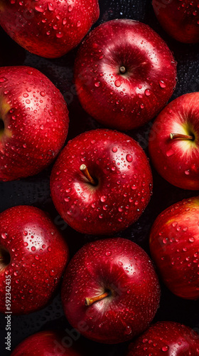 Fresh red delicious apples with glistening droplets of water. Top down view - ai generative