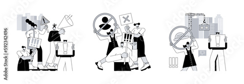 Group action abstract concept vector illustration set. Social movement, boycott and cancel culture, strike action, public protest, anti globalism and consumer activism, solidarity abstract metaphor.