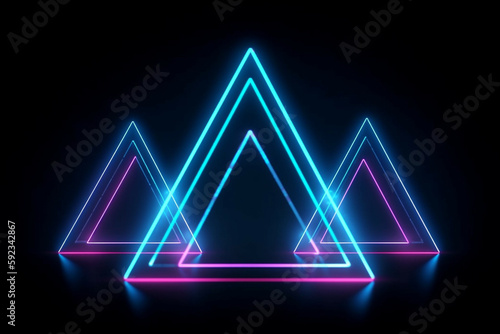 Abstract neon Background in cyberpunkt style on black background with neon triangels 