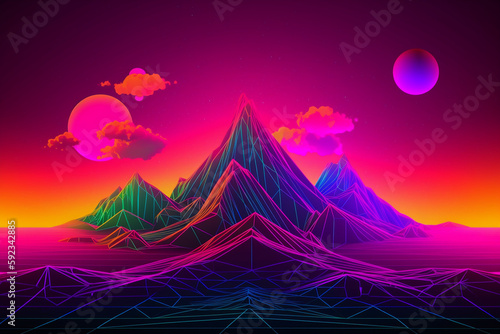 Cyberspace landscape with neon colored mountaines and neon clouds 