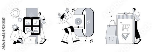Wearable devices abstract concept vector illustration set. Smartwatches mobile apps development, portable media player, mobile based marketplace, dev team, e-shop app purchase abstract metaphor.