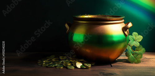 a gold pot sitting on top of a wooden table