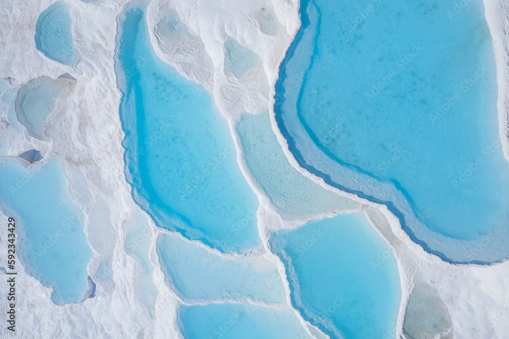 Aerial top view Pamukkale Turkey travertine pools, nature terraces with blue water - obrazy, fototapety, plakaty 