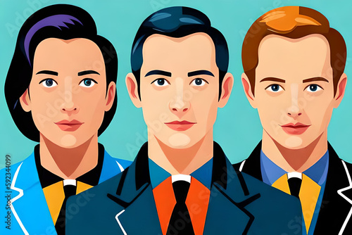 Сlose-up portrait of mans and women in flat style.