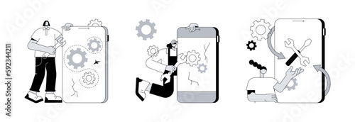 Broken gadget abstract concept vector illustration set. Mobile device and smartphone repair, refurbished device, problem diagnostics, screen replacement, data recovery abstract metaphor.