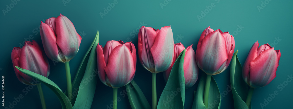 Fototapeta premium a group of pink tulips against a blue background