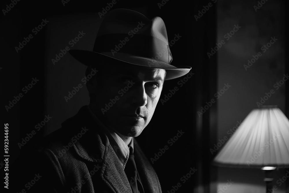 man is mafia spy detective in hat in style of noir films. Generative AI man is mafia spy detective in hat in style of noir films. Generative AI