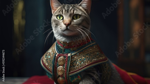  a cat wearing a vintage celtic outfit, hypermaximalistic, 8k, intricate details, hyperrealistic, photography, generative ai