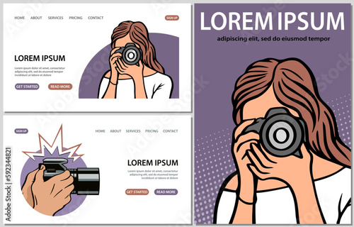 Banner set. Girl and man photographer with a camera. Photo studio lesson. Photography course. Design template for banner, website. Vector art illustration on a white background