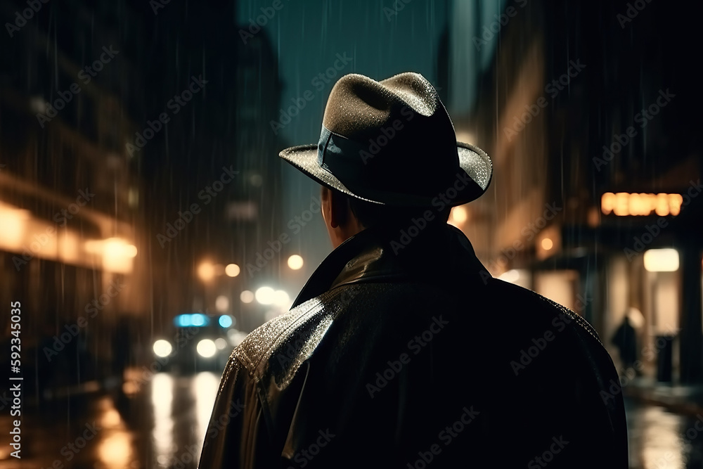 back of male detective spy in hat and coat on street at night in rain in noir style. Generative AI back of male detective spy in hat and coat on street at night in rain in noir style. Generative AI